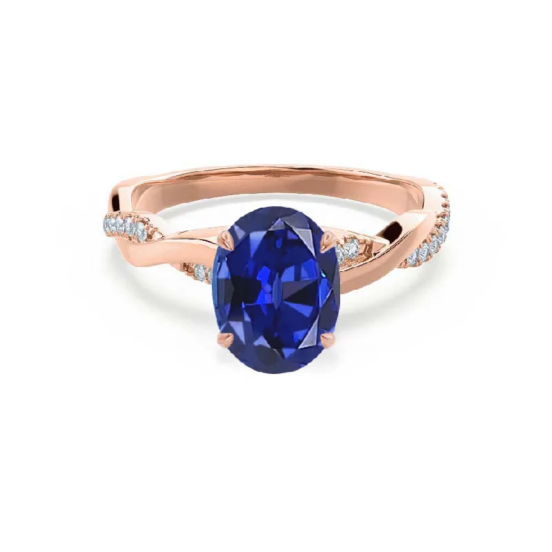 wedding rings and engagement rings sets-EDEN - Chatham® Oval Blue Sapphire & Diamond 18k Rose Gold Vine Solitaire Ring