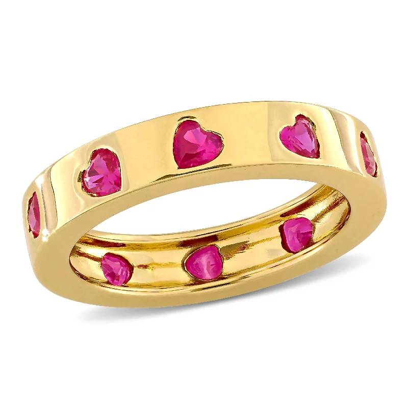 custom wedding engagement rings-Mimi & Max 1 3/4ct TGW Heart-Cut Created Ruby Eternity Ring Yellow Silver