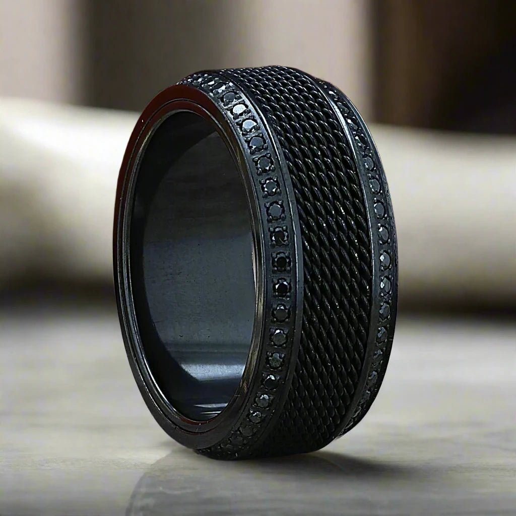 unique wedding rings for women-KNIGHT | Black Titanium Ring, Steel Chain Inlay, Black Diamonds