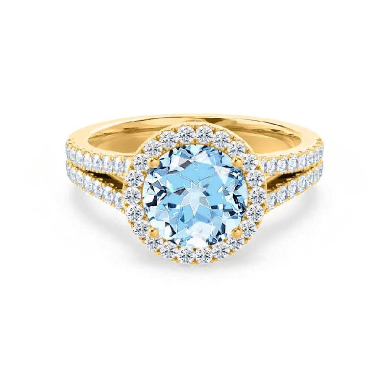 solitaire diamond engagement rings-AMELIA - Chatham® Lab Grown Aqua Spinel & Diamond 18k Yellow Gold Halo Ring