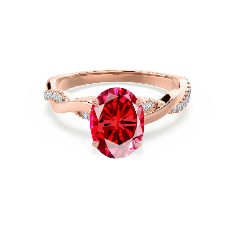 custom wedding engagement rings-EDEN - Chatham® Oval Ruby & Diamond 18k Rose Gold Vine Solitaire Ring