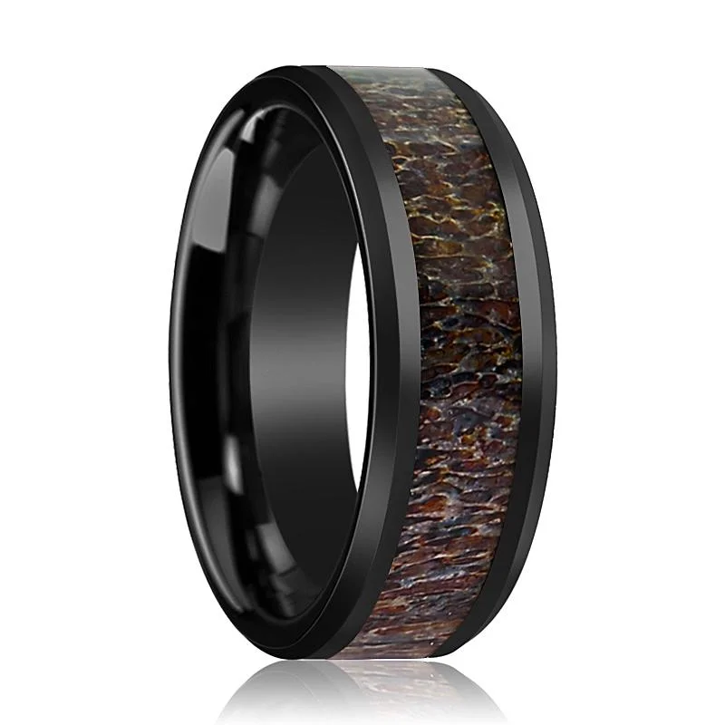 luxury engagement rings for women-BONY | Black Ceramic Ring, Dark Brown Antler Inlay, Beveled