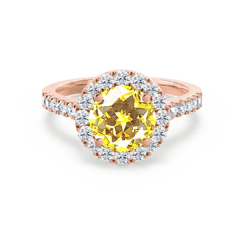 round engagement rings-CECILY - Chatham® Lab Grown Yellow Sapphire & Diamond 18k Rose Gold Halo Ring