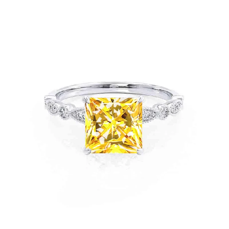 silver engagement rings-HOPE - Chatham® Princess Yellow Sapphire & Diamond 18k White Gold Vintage Shoulder Set