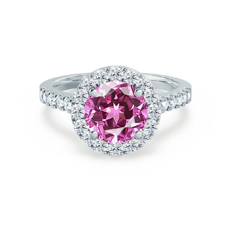 princess cut engagement rings-CECILY - Chatham® Lab Grown Pink Sapphire & Diamond 18k White Gold Halo Ring