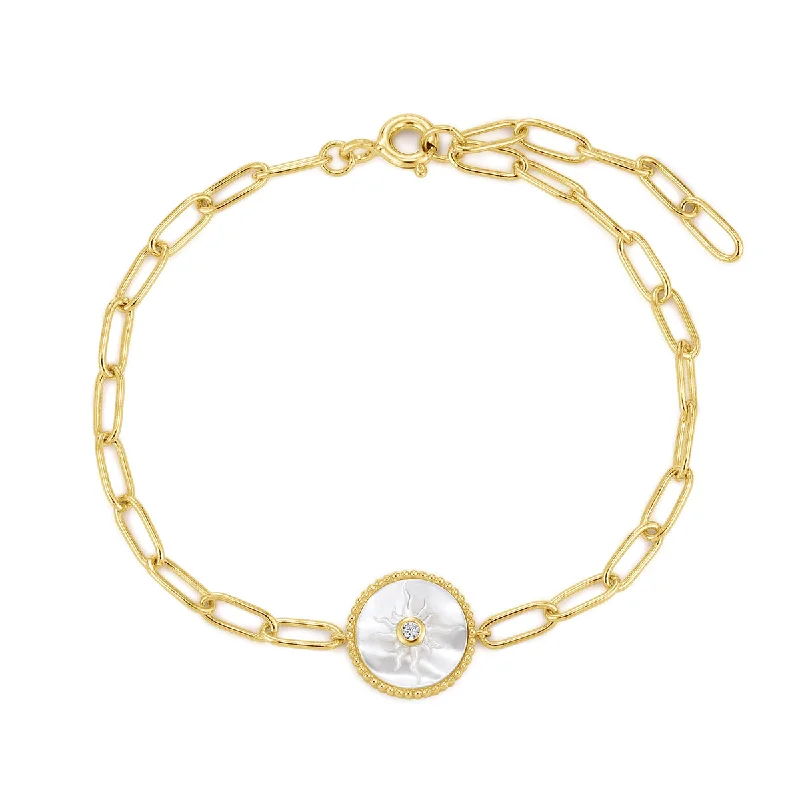 stylish bangle bracelets for women-Gold Plated Mother of Pearl & CZ Sun Bracelet