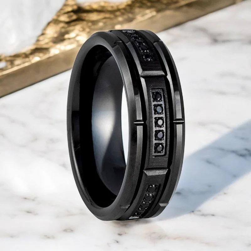 gemstone rings for women-ARKOS | Black Tungsten Ring, Sectional Diamond Stimulate CZ