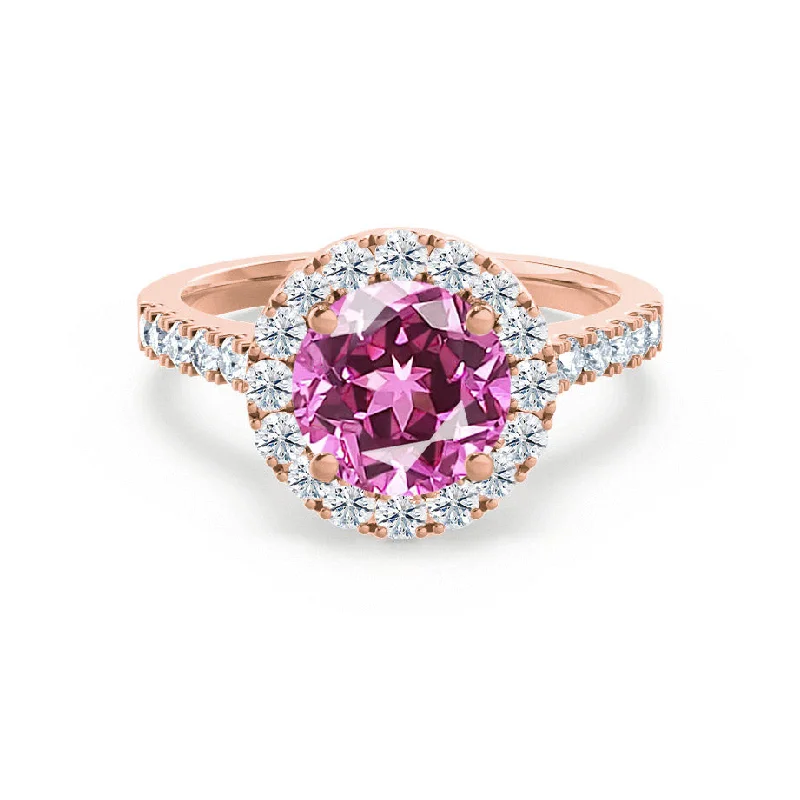 modern engagement rings-CECILY - Chatham® Lab Grown Pink Sapphire & Diamond 18k Rose Gold Halo Ring