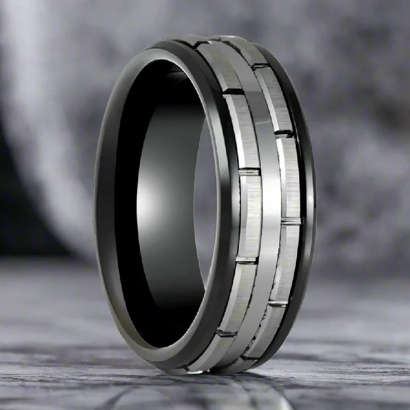 heart-shaped rings for women-DUALITY | Black Tungsten Ring, Two Tone, Patterned Design, Beveled