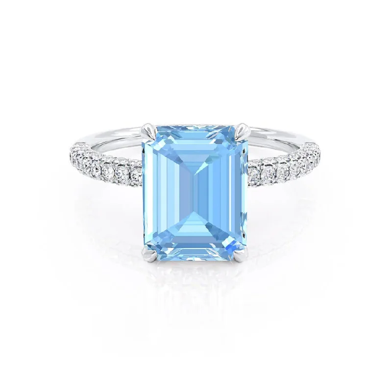 sapphire engagement ring sets-COCO - Chatham® Emerald Aqua Spinel & Diamond 950 Platinum Petite Hidden Halo Triple Pavé Ring