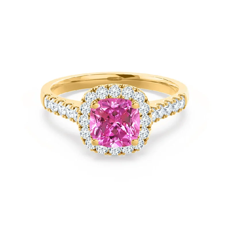 sapphire diamond engagement rings-OPHELIA - Chatham® Lab Grown Pink Sapphire & Diamond 18K Yellow Gold Halo