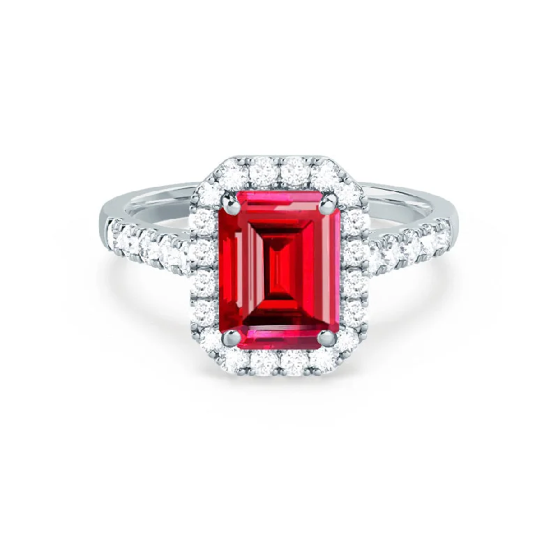 wedding engagement ring sets-ESME - Chatham® Emerald Lab-Grown Ruby & Diamond Platinum 950 Halo