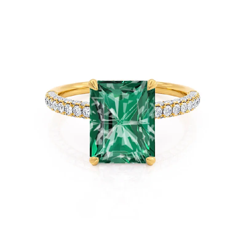 birthstone wedding engagement rings-COCO - Chatham® Radiant Emerald & Diamond 18k Yellow Gold Petite Hidden Halo Triple Pavé Shoulder Set Ring