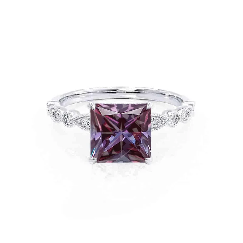 vintage diamond engagement rings-HOPE - Chatham® Princess Alexandrite & Diamond 950 Platinum Vintage Shoulder Set