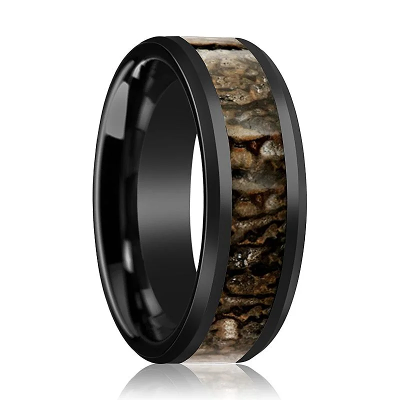 sapphire rings for women-CADMUS | Black Ceramic Ring, Brown Dinosaur Bone Inlay, Beveled