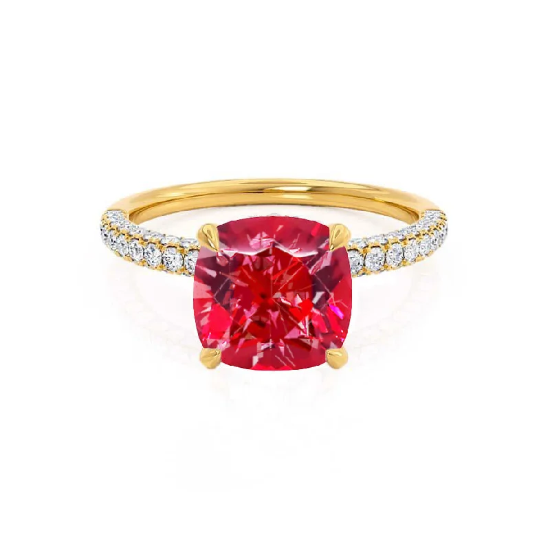 halo engagement rings-COCO - Chatham® Cushion Ruby & Diamond 18k Yellow Gold Hidden Halo Triple Pavé Shoulder Set