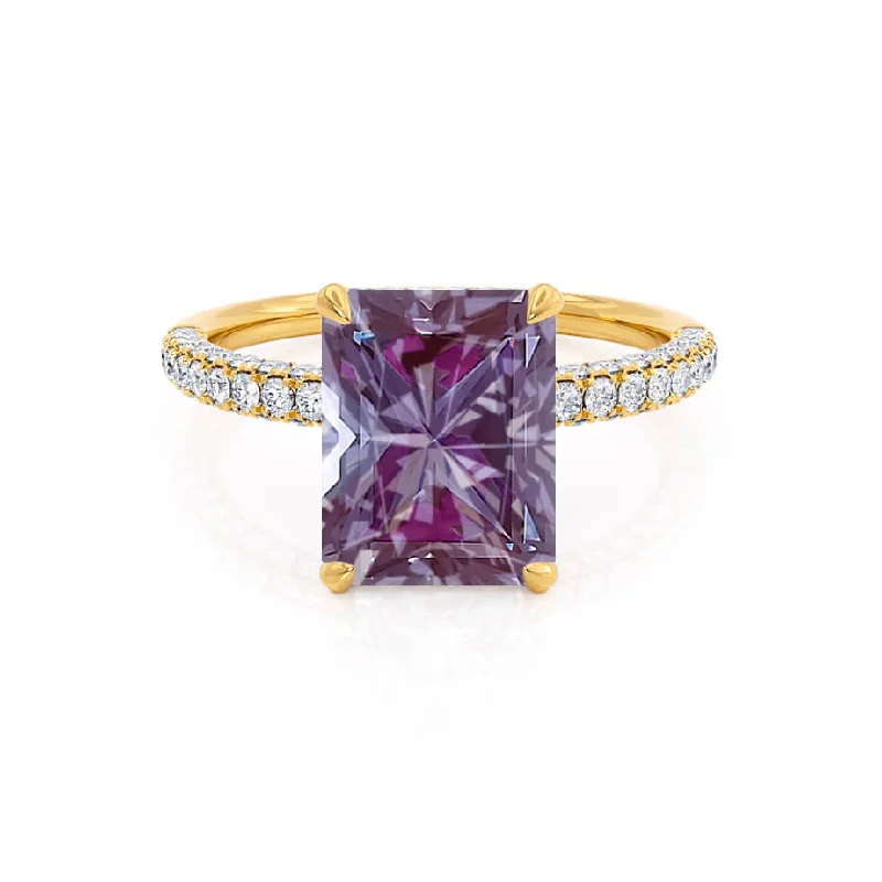 diamond wedding engagement rings-COCO - Chatham® Radiant Alexandrite & Diamond 18k Yellow Gold Petite Hidden Halo Triple Pavé Shoulder Set Ring