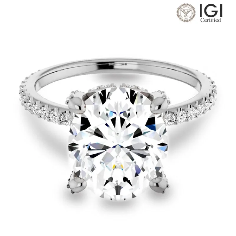 engraved rings for women-Lab Grown Oval Diamond Engagement Ring With Hidden Halo IGI Certified