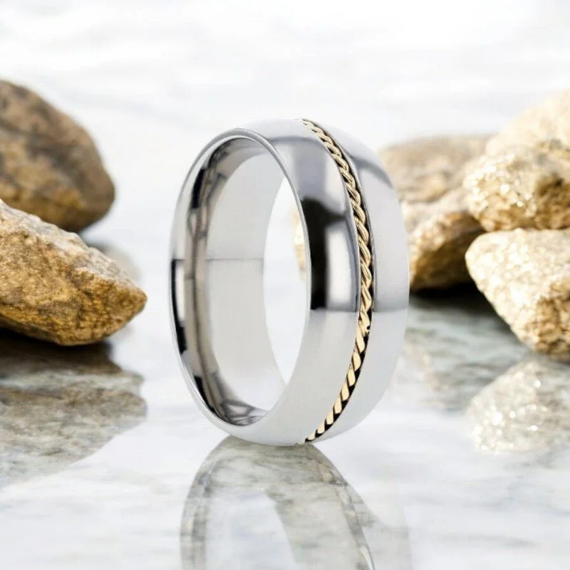 unique wedding rings for women-CHRISTIAN | Silver Titanium Ring, 14k Gold Braided Inlay, Domed