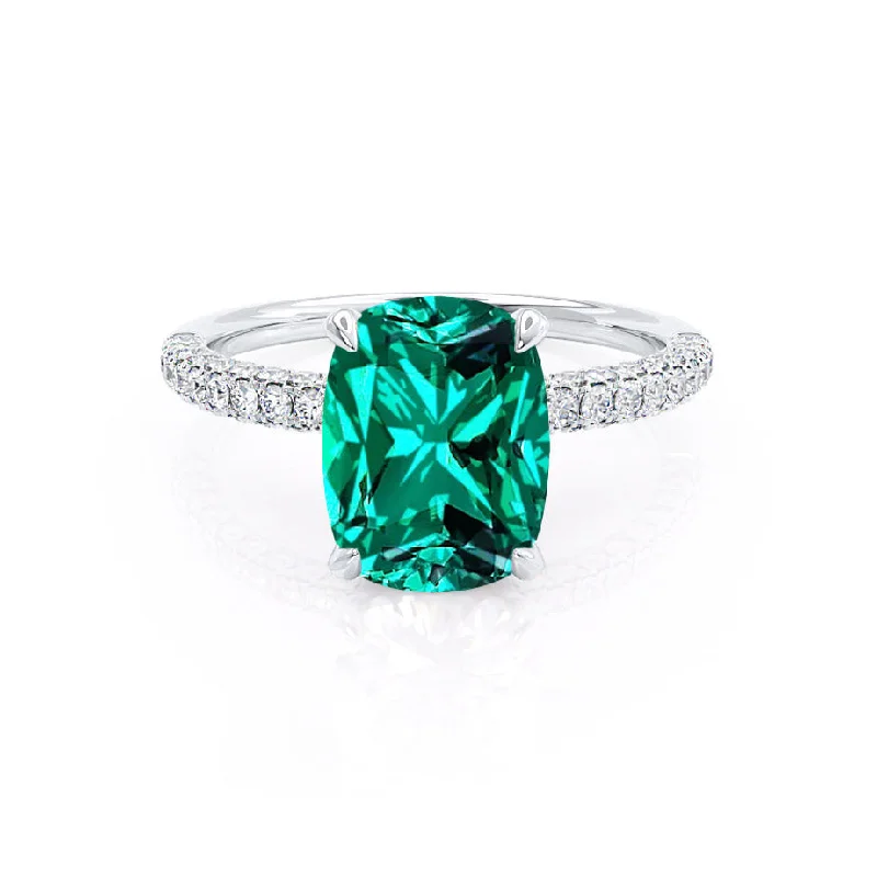 personalized wedding engagement rings-COCO - Chatham® Elongated Cushion Cut Emerald 18k White Gold Petite Hidden Halo Triple Pavé