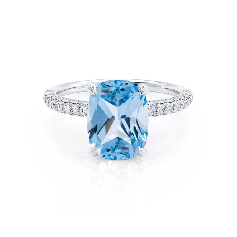 diamond heart engagement rings-COCO - Chatham® Elongated Cushion Cut Aqua Spinel 950 Platinum Petite Hidden Halo Triple Pavé