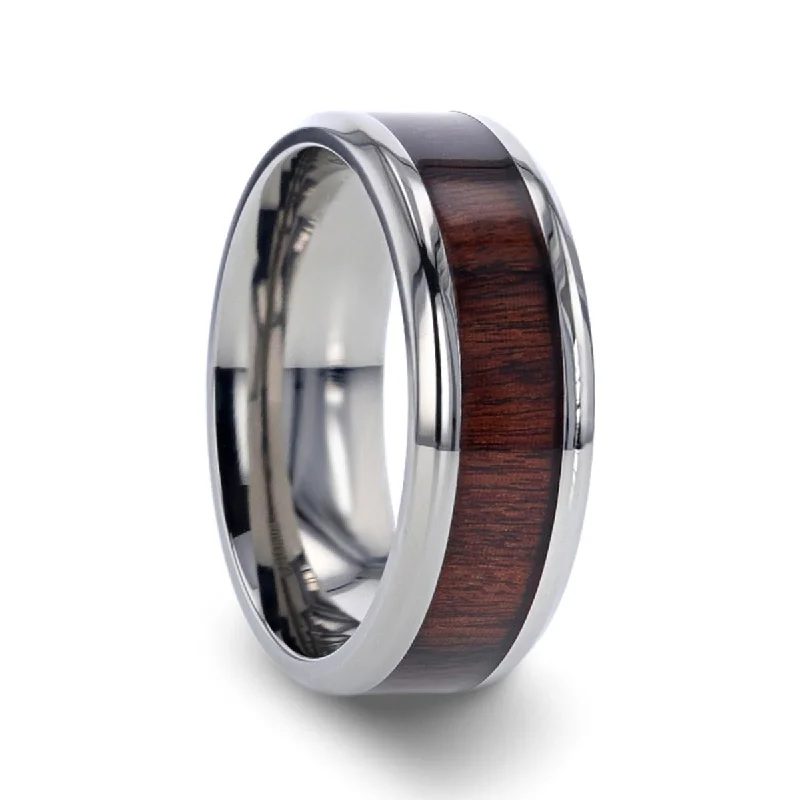 diamond solitaire rings for women-TALI | Silver Titanium Ring, Rose Wood Inlay, Beveled