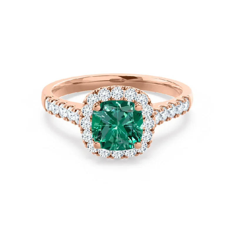 luxury engagement rings-OPHELIA - Chatham® Lab Grown Emerald & Diamond 18K Rose Gold Halo