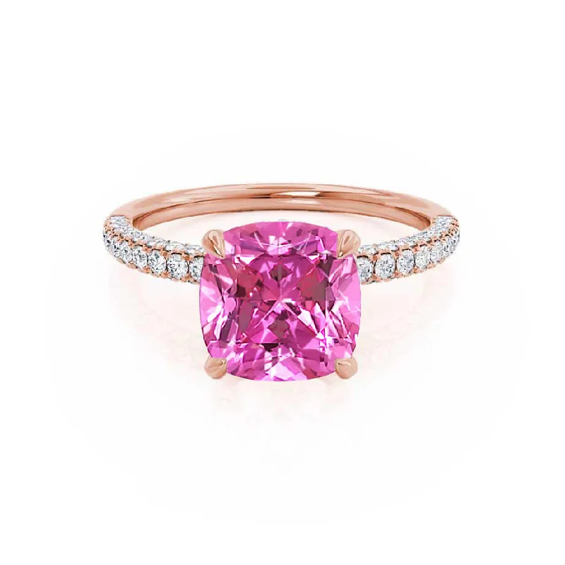 custom wedding engagement rings-COCO - Chatham® Cushion Pink Sapphire & Diamond 18k Rose Gold Hidden Halo Triple Pavé Shoulder Set