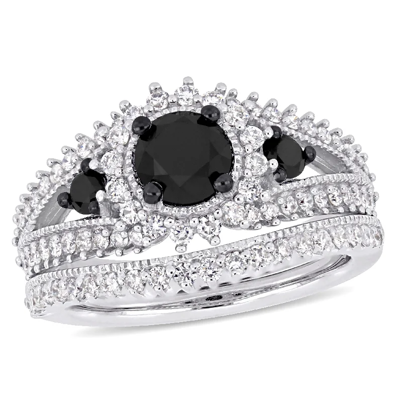 engraved engagement rings-Mimi & Max 2ct TW Black White Diamond 2-Piece Halo Bridal Ring Set 10k White Gold