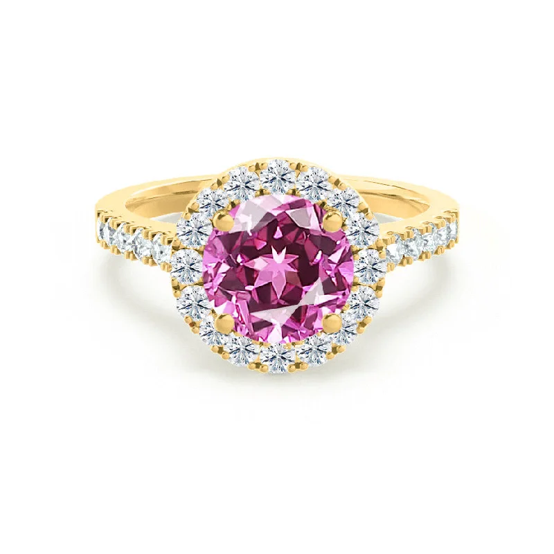 rose gold engagement rings-CECILY - Chatham® Lab Grown Pink Sapphire & Diamond 18k Yellow Gold Halo Ring