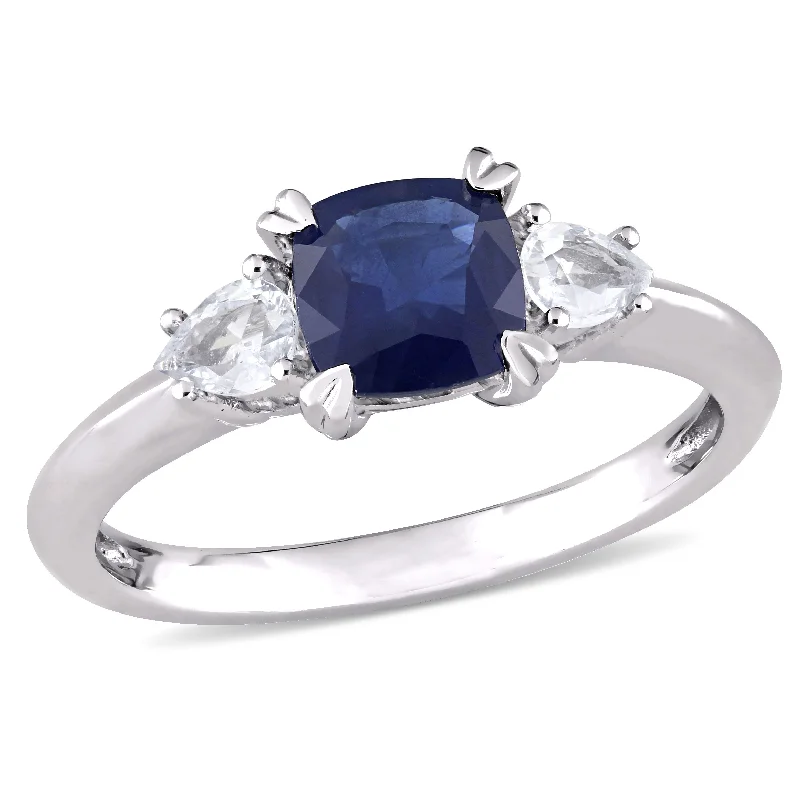 unique modern engagement rings-Mimi & Max Cushion Cut Blue Sapphire Pear Shape White Sapphire 3-Stone Ring 14k White Gold