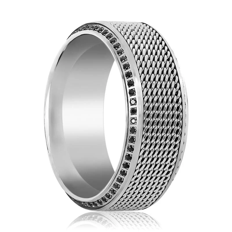 unique diamond rings for women-GAUNTLET | Silver Titanium Ring, Steel Chain in Middle, Black Diamonds, Beveled