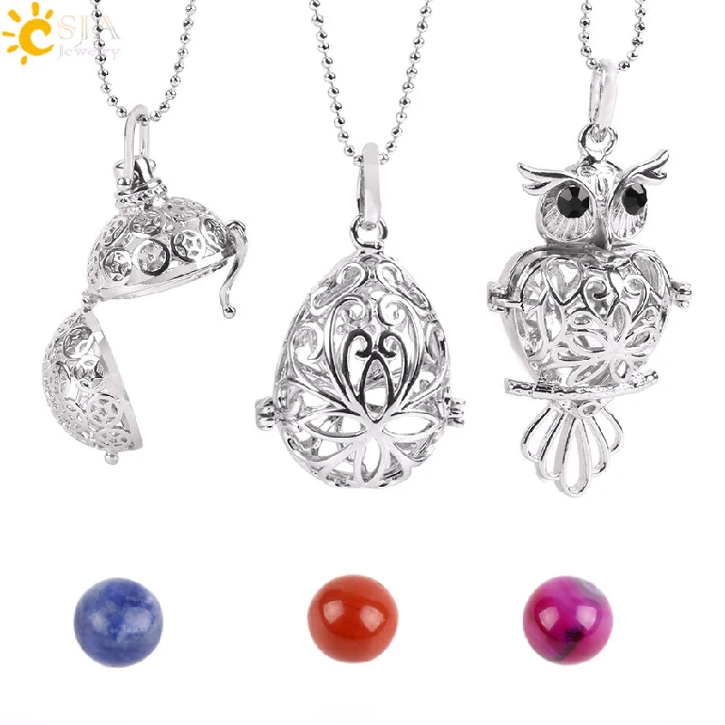 silver heart pendant necklaces for women-Natural  Stone Beads Hollow Carved Owl Locket Pendant Necklace - (also available in Round Ball & Egg)