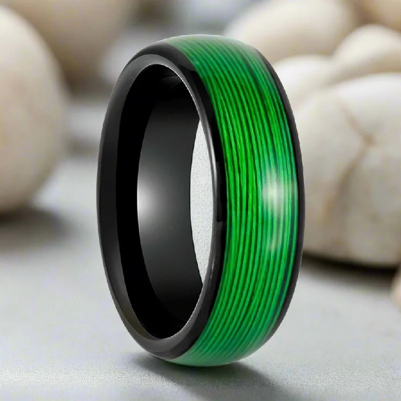 vintage-style rings for women-EVERGREEN | Black Tungsten Ring, Rolled Green Wire Inlay, Domed