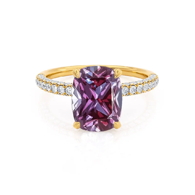 gold engagement rings-COCO - Chatham® Elongated Cushion Cut Alexandrite 18k Yellow Gold Petite Hidden Halo Triple Pavé