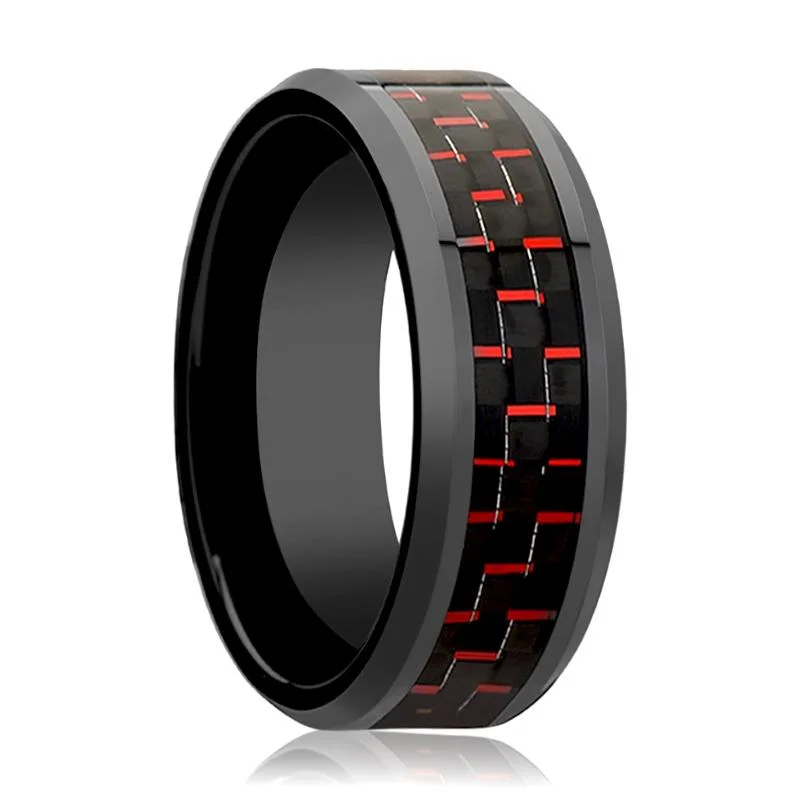 solitaire engagement rings for women-AMORY | Black Ceramic Ring, Black & Red Carbon Fiber Inlay, Beveled