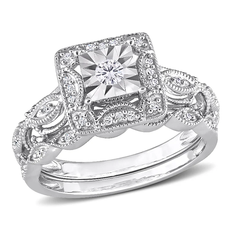 engraved engagement rings-Mimi & Max 1/5ct TDW Diamond Square Halo Bridal Ring Set in Sterling Silver