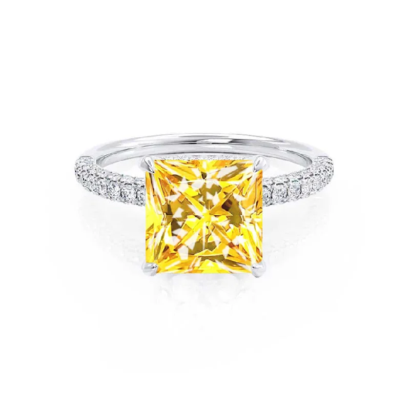 wedding engagement rings-COCO - Chatham® Princess Yellow Sapphire & Diamond 950 Platinum Hidden Halo Triple Pavé Shoulder Set