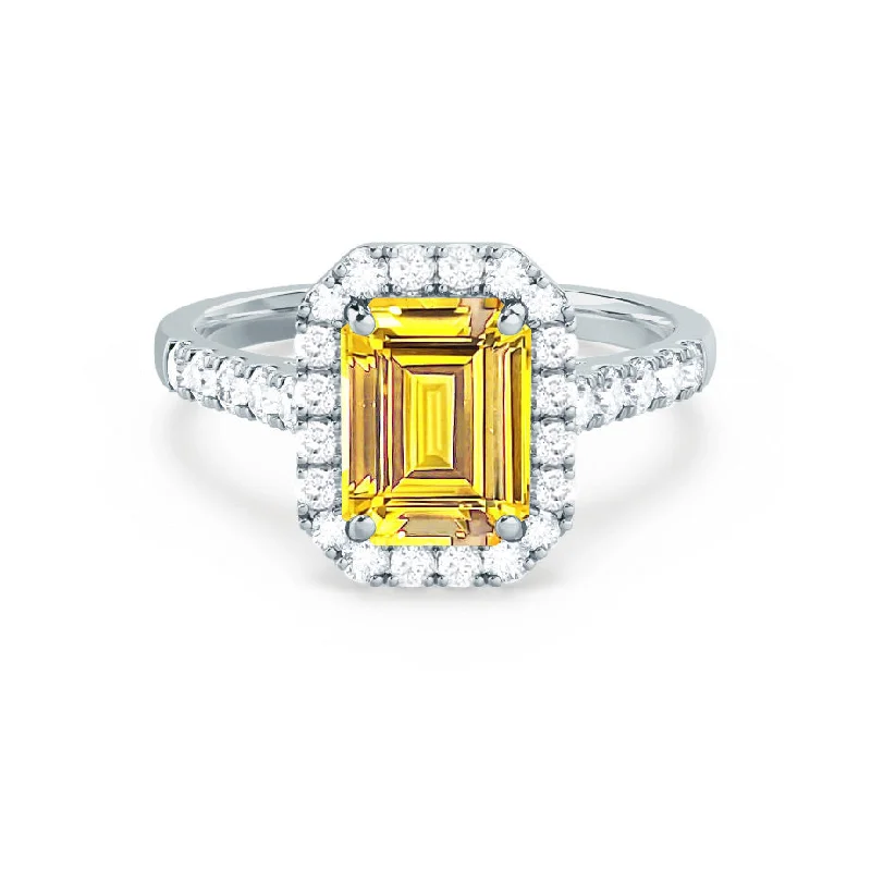 elegant gold engagement rings-ESME - Chatham® Emerald Lab-Grown Yellow Sapphire & Diamond 18k White Gold Halo