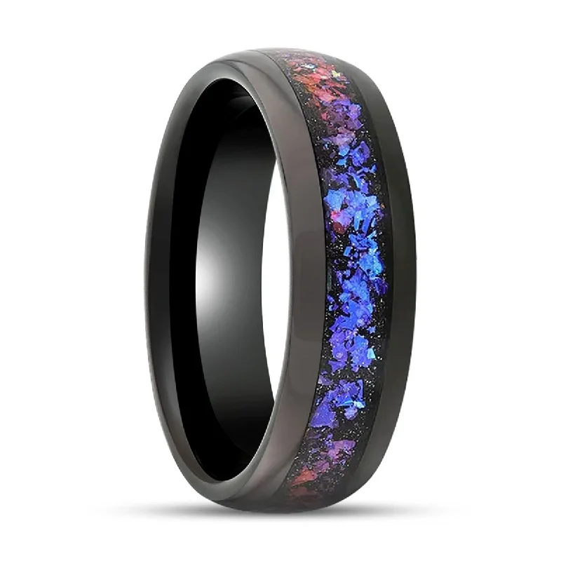 gemstone stacking rings for women-COSMIC | Black Tungsten Ring, Crushed Alexandrite, Goldstone Inlay, Domed