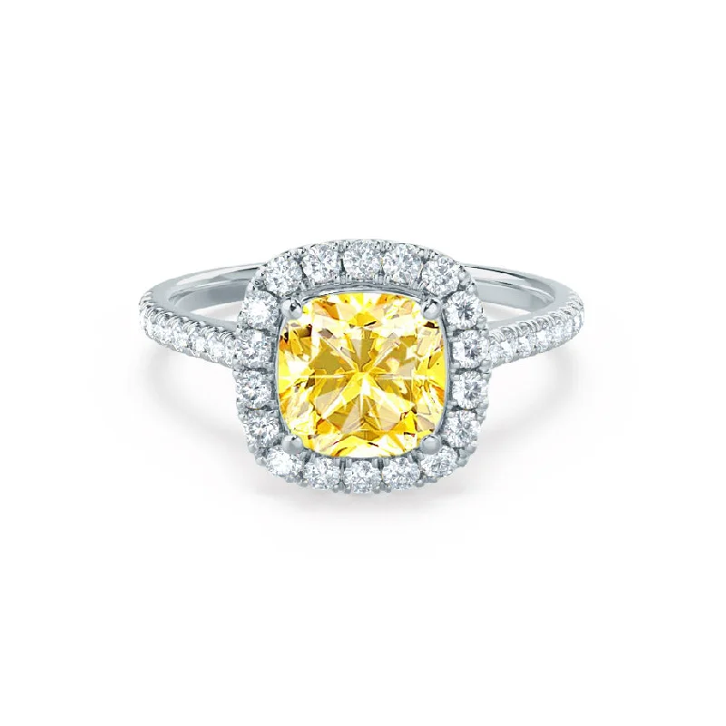 custom-made diamond engagement rings-VIOLETTE - Chatham® Cushion Yellow Sapphire & Diamond 18k White Gold Petite Halo Ring