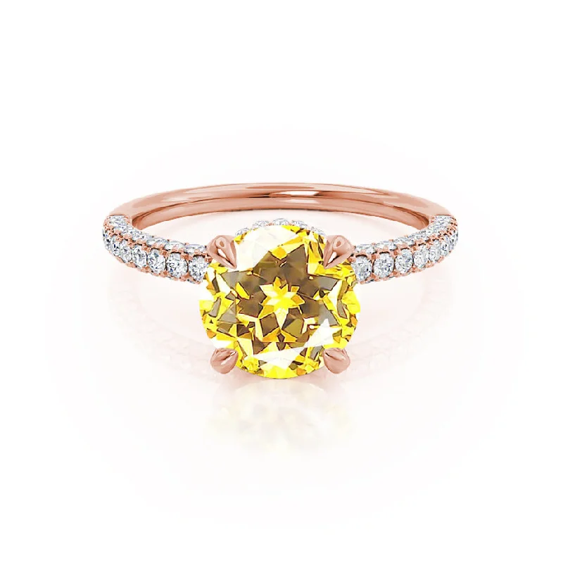 diamond engagement rings with side stones-COCO- Chatham® Round Yellow Sapphire & Diamond 18k Rose Gold Petite Hidden Halo Triple Pavé Shoulder Set Ring