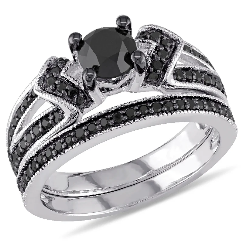 wedding ring sets for engagement rings-Mimi & Max 1 1/8ct TW Black Diamond Split Shank Bridal Set in Sterling Silver with Black Rhodium