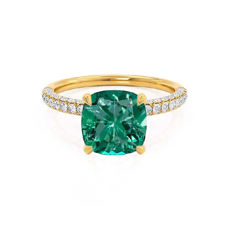 modern engagement rings-COCO - Chatham® Cushion Emerald & Diamond 18k Yellow Gold Hidden Halo Triple Pavé Shoulder Set