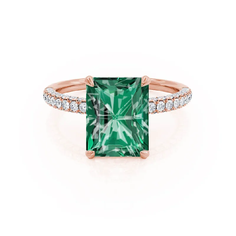 engagement ring with diamond side stones-COCO - Chatham® Radiant Emerald & Diamond 18k Rose Gold Petite Hidden Halo Triple Pavé Shoulder Set Ring