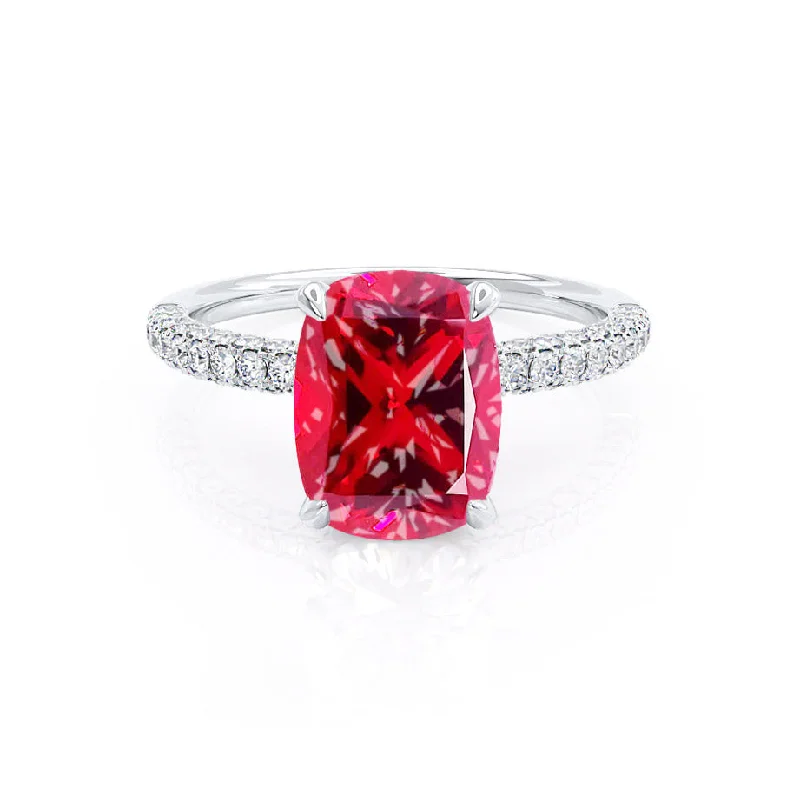 wedding rings and engagement rings sets-COCO - Chatham® Elongated Cushion Cut Ruby 18k White Gold Petite Hidden Halo Triple Pavé