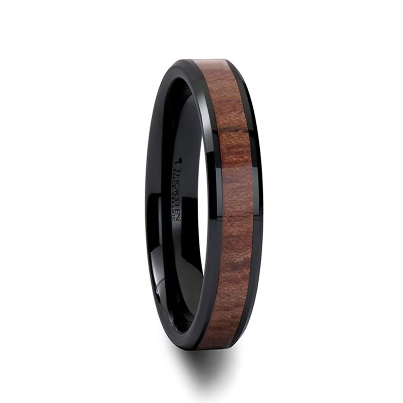 birthstone wedding rings for women-DENALI | Black Ceramic Ring, Rose Wood Inlay, Beveled, 4mm, 6mm, 7mm, 8mm