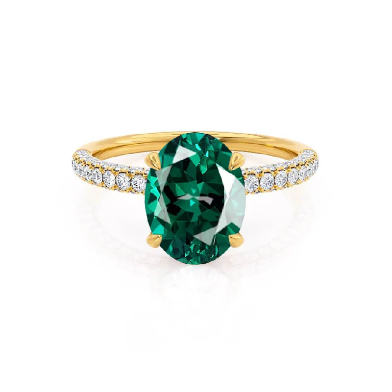 custom wedding engagement rings-COCO - Chatham® Oval Emerald & Diamond 18k Yellow Gold Petite Hidden Halo Triple Pavé Shoulder Set Ring