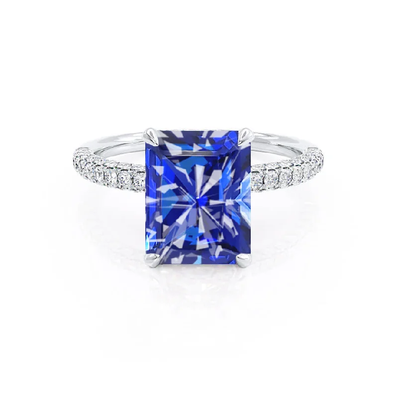 custom-cut gemstone engagement rings-COCO - Chatham® Radiant Blue Sapphire & Diamond 18k White Gold Petite Hidden Halo Triple Pavé Shoulder Set Ring