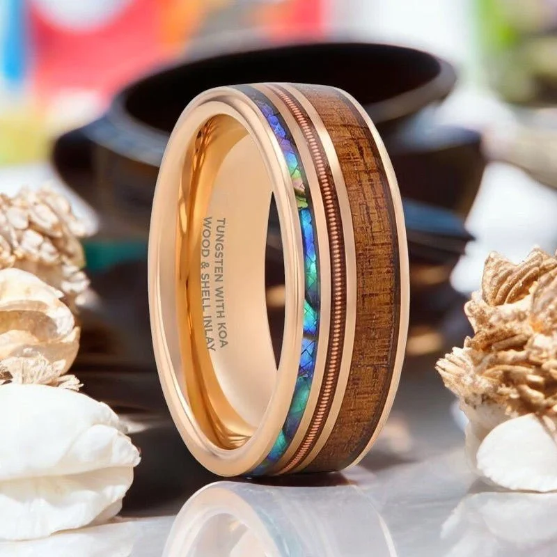 stacking rings for women-MOANA | Rose Gold Tungsten Ring, Hawaiian Koa Wood, Abalone & Guitar String Inlay